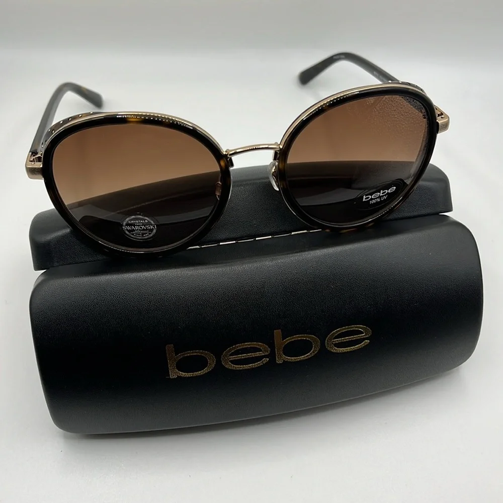BEBE TORTOISE OVERSIZE ROUND SUNGLASSES WITH SWAROVSKI CRYSTALS NEW WITH TAGS